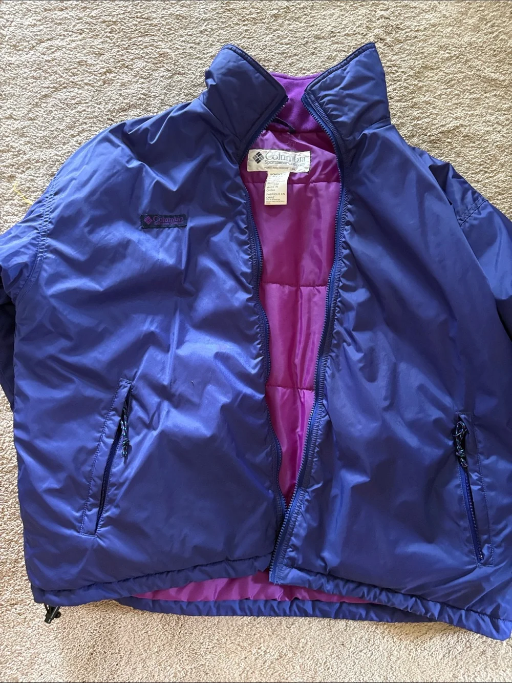 Columbia Navy and Purple Colorblock womens winter Jacket with removable liner.